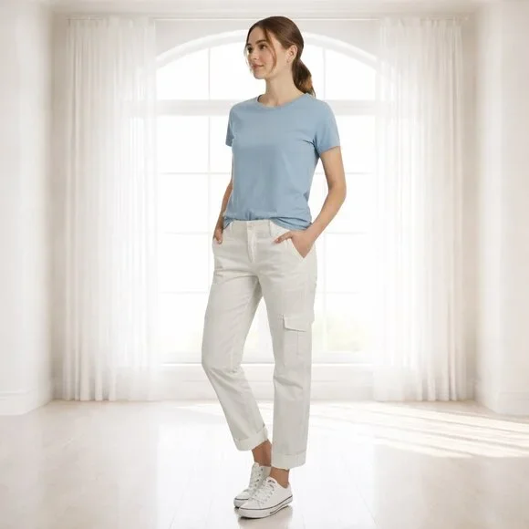 Calvin Klein White Cotton Cargo Pants Size 10 Utility Pocket Casual Minimalist - Picture 1 of 16